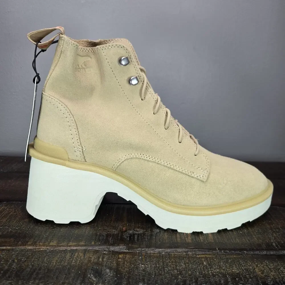Sorel Hi Line Heeled Womens Size 8 Waterproof Boots Lace Up Suede Cream White